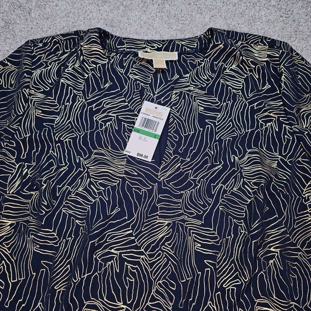 Michael Kors Women's Top Large Long Sleeve Gold Abstract Blouse NWT
